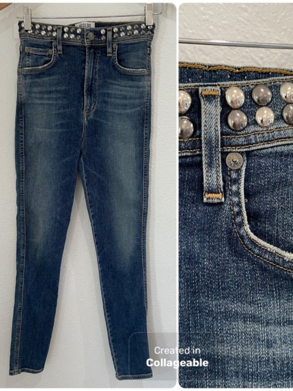 AGOLDE Studded High Rise Stretch Jeans Designer Contemporary Slimming